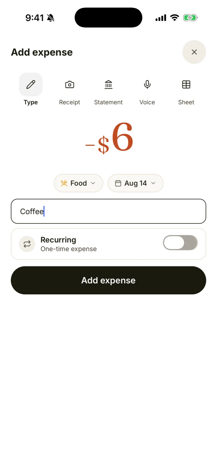 Add expense sheet with type, receipt, statement, voice, and sheet import options