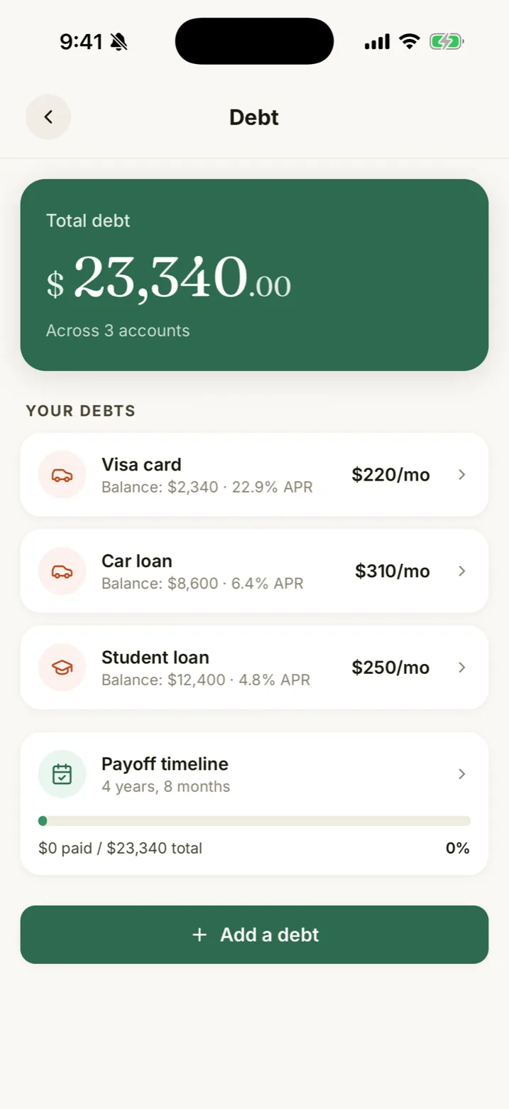 Debt screen showing three balances, interest rates, and a payoff timeline